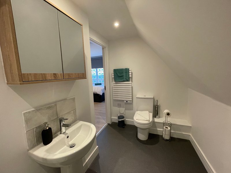 Modern bathroom with wall-mounted sink, toilet, mirrored cabinet and dark flooring