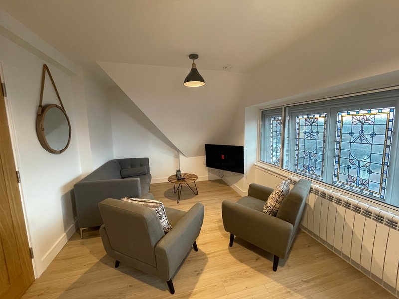 Modern living room with two gray armchairs, TV, wooden floor and large windows