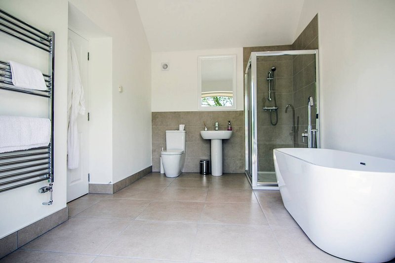Modern bathroom with freestanding white bath tub, pedestal sink, toilet, and walk-in shower