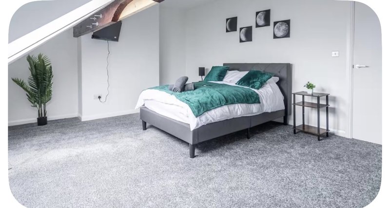 Modern bedroom with double bed, green bedding, grey carpet, potted plant and wall art