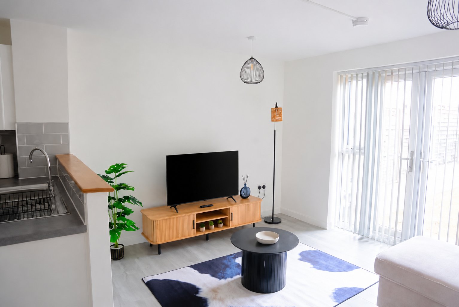 Modern living room with TV on wooden stand, black coffee table, blue and white rug, plants, and patio doors