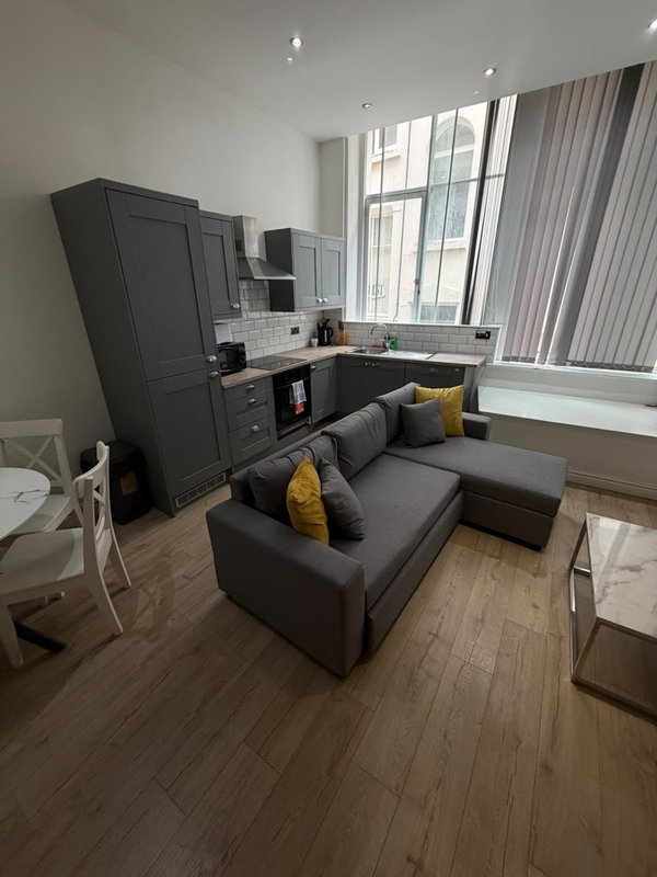 Studio apartment with dark grey sofa, kitchenette, large windows and wooden flooring
