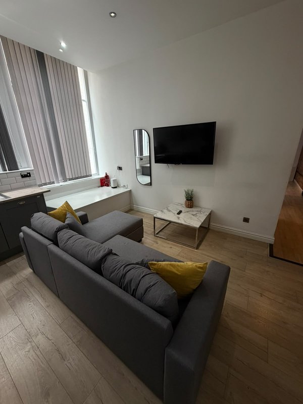 Modern living room with grey sofa, wall-mounted TV, wooden flooring and large window with curtains