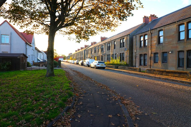 Tree-lined residential street with stone terraced houses, parked cars and green verge