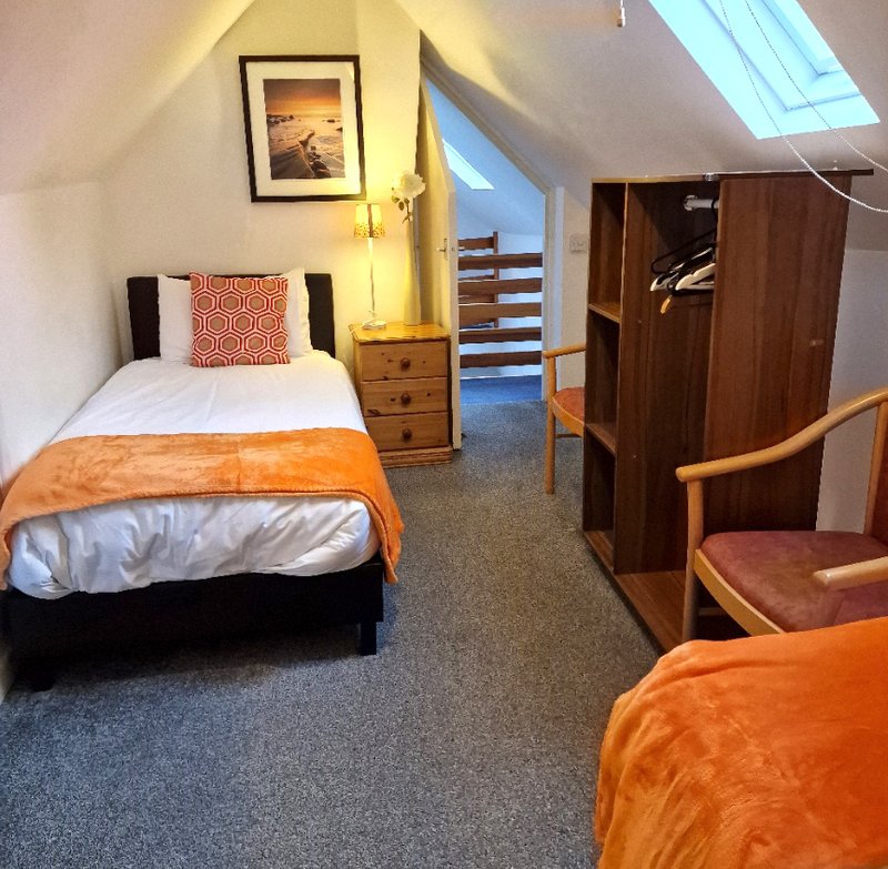 Attic bedroom with single bed, wooden furniture, orange blanket, and skylight window