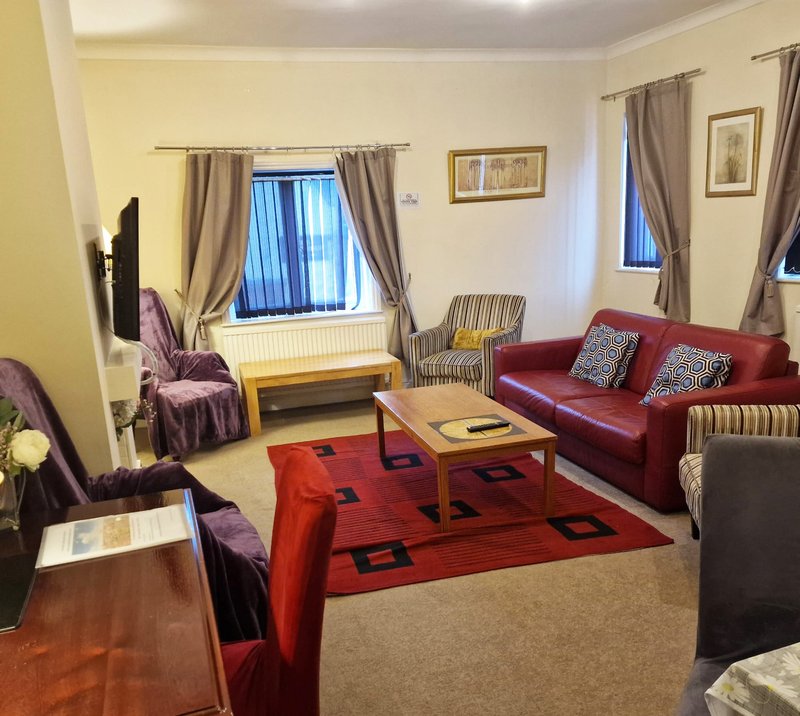 Spacious living room with red sofa, purple armchairs, wooden table and geometric rug