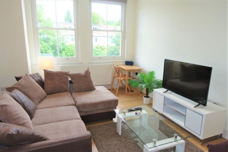 Light living room with brown sectional sofa, TV, wooden desk, potted plant and large windows