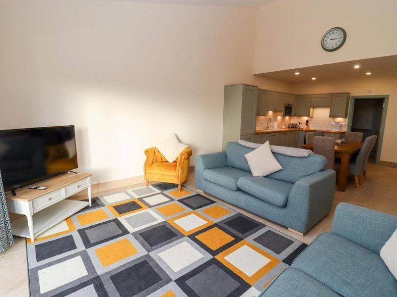 Open-plan living room with blue sofa, TV stand, geometric rug, yellow armchair and kitchen area