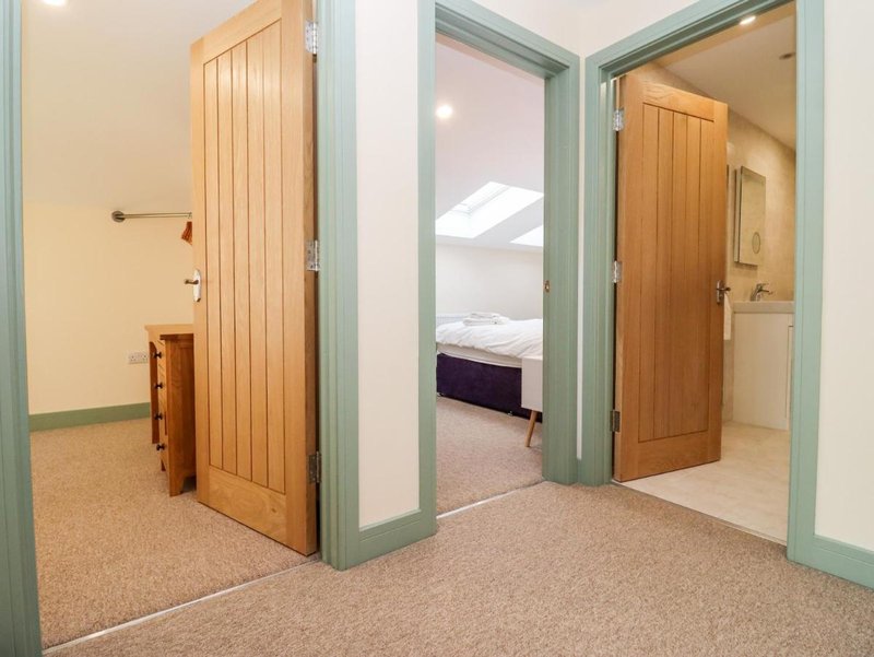 Modern hallway with wooden doors, green-framed doorways, and carpet flooring