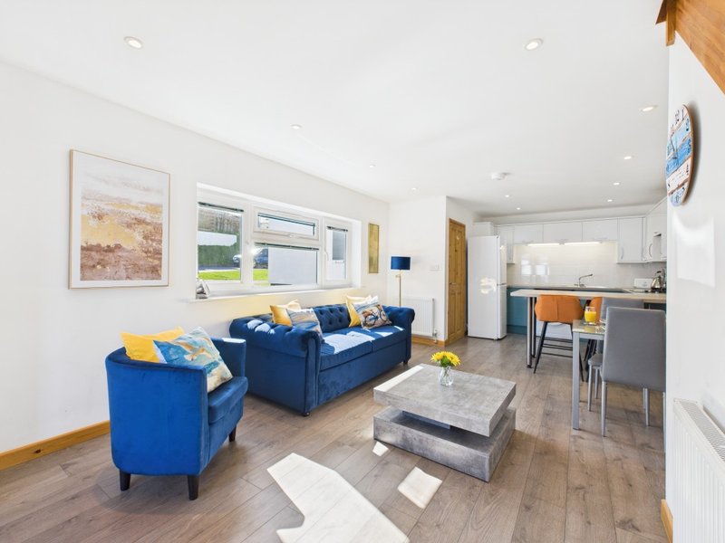 Open-plan living area with blue sofa, armchair, wooden flooring and kitchen visible