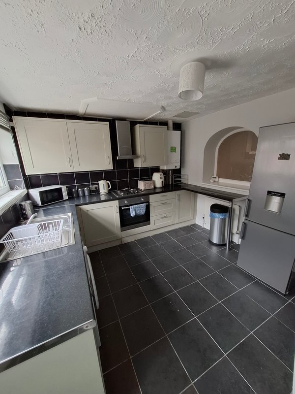 Modern kitchen with white cabinetry, black tile backsplash, stainless steel appliances and black flooring