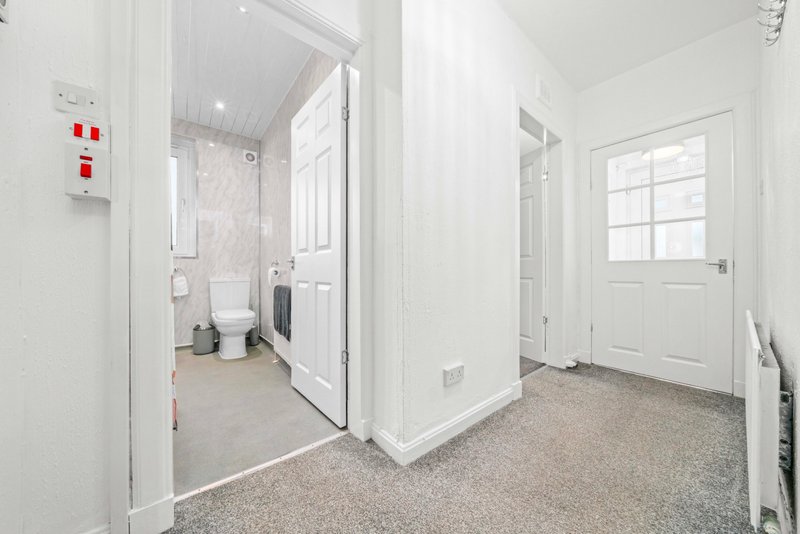 Bright hallway with bathroom entrance, white walls, carpeted floor and window