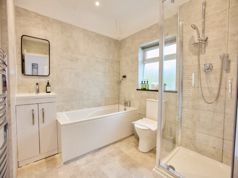 Modern bathroom with bathtub, walk-in shower, toilet, vanity sink and window