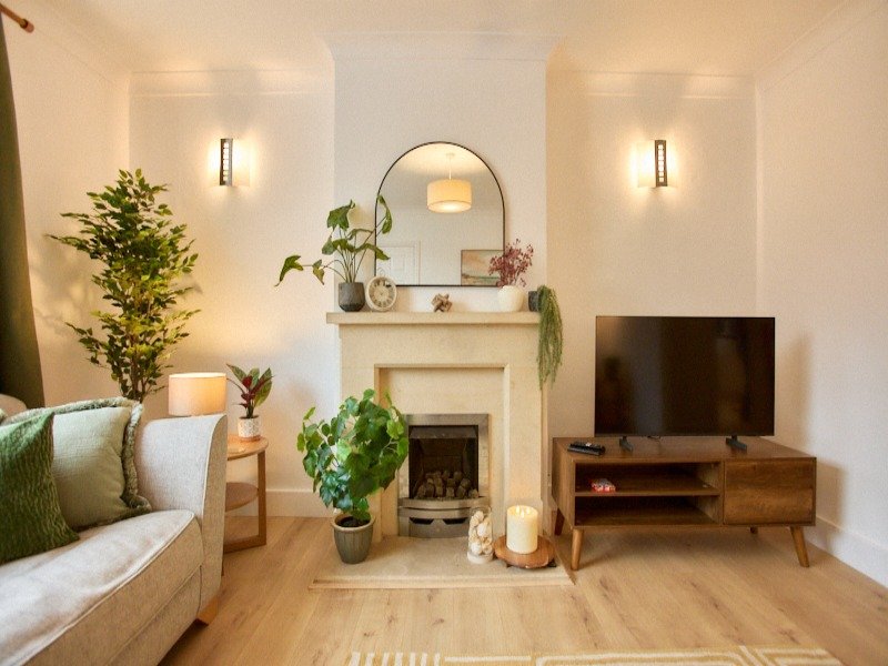 Bright living room with fireplace, decorative plants, TV stand, and contemporary furnishings