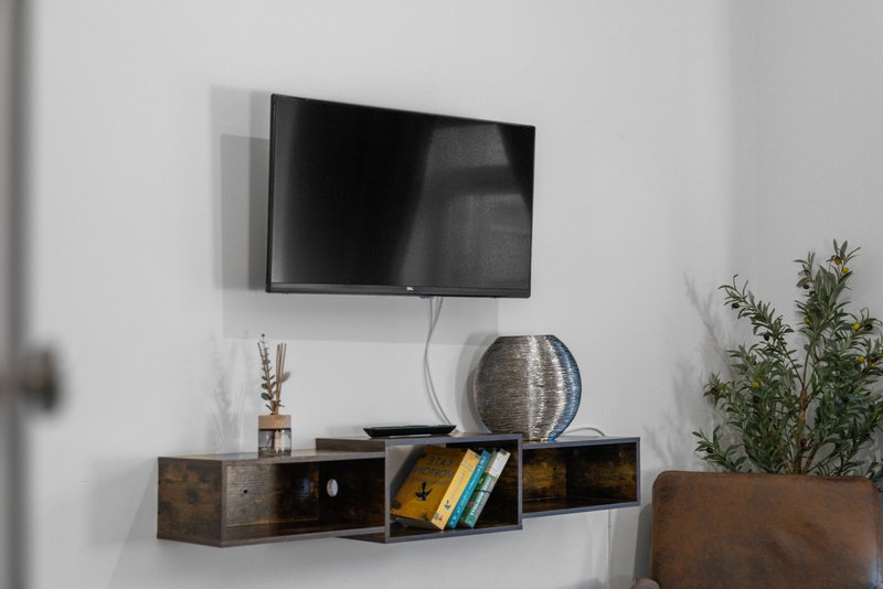 Wall-mounted TV above wooden shelf with decorative sphere, books, and potted plants