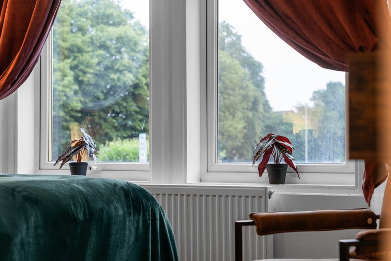 Bedroom window with potted plants on sill, green bedding, rust curtains and garden view