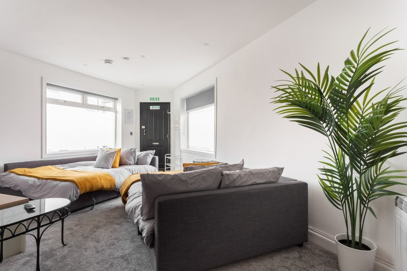Modern bedroom with dark sofa, single bed with yellow bedding, large windows and potted plant