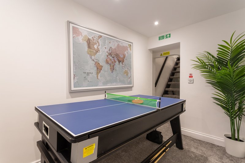 Games room with blue ping-pong table, world map on wall, and potted plant