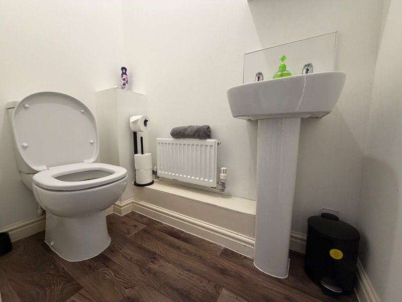 Modern bathroom with white toilet, pedestal sink, wooden floor and radiator