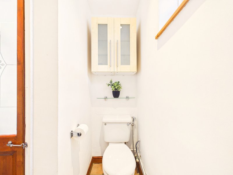 Small bathroom with toilet, wall-mounted cabinet, shelf with plant, and cream walls