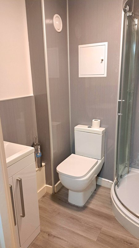 Modern bathroom with toilet, sink, shower cubicle and wooden flooring
