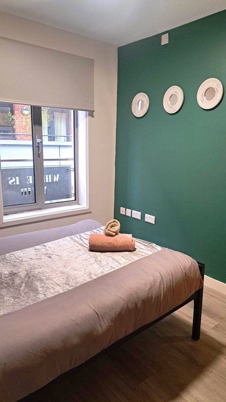 Bedroom with single bed, green accent wall, decorative plates, and window with city view
