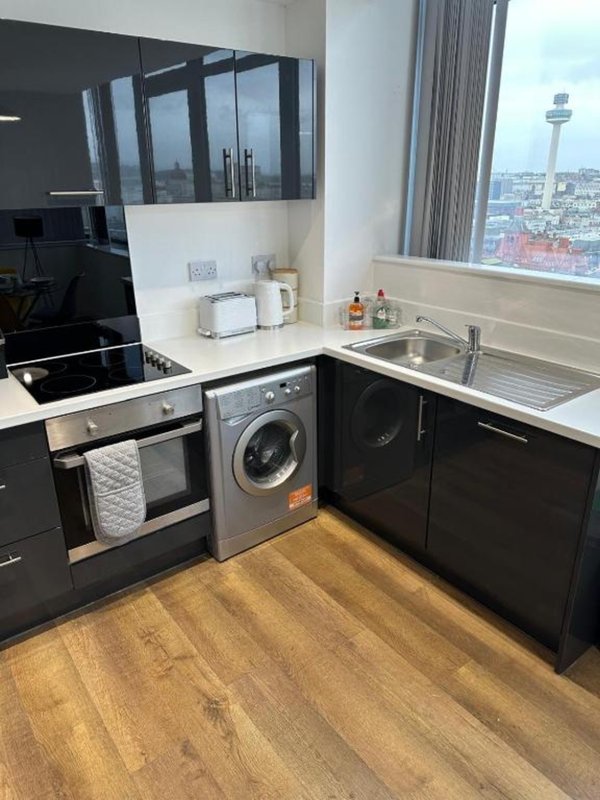 Modern kitchen with black cabinetry, stainless steel appliances, and city views from window