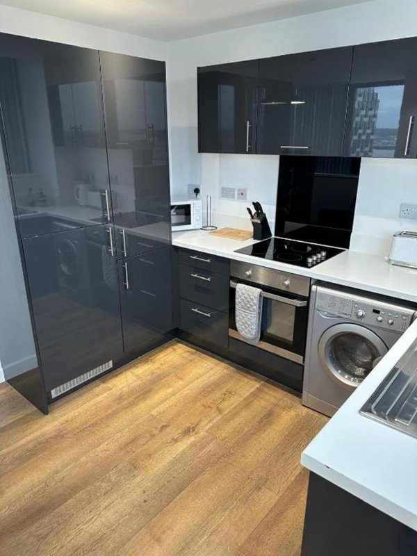 Modern kitchen with black cabinets, stainless steel appliances, wooden flooring and shower enclosure