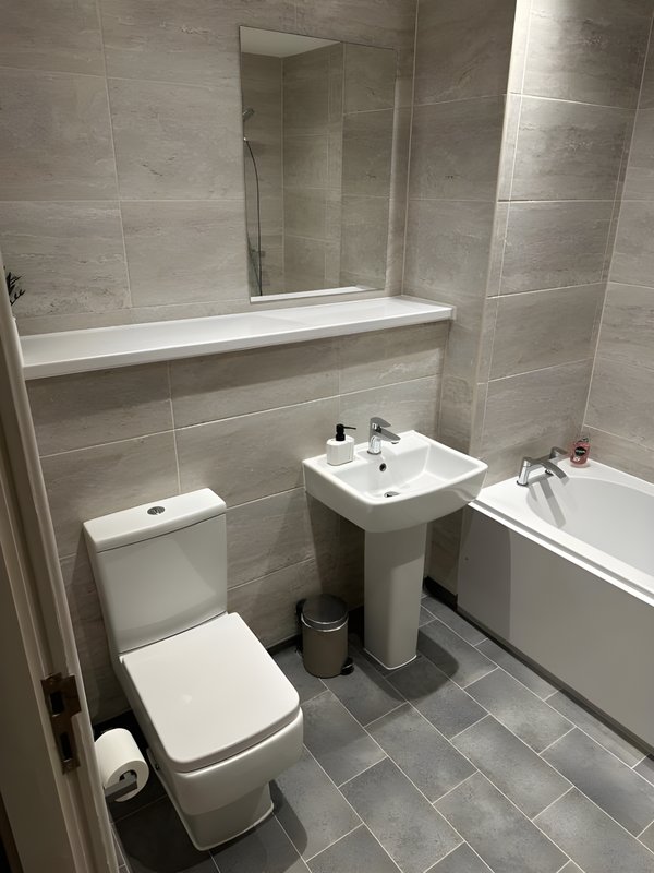 Modern bathroom with toilet, pedestal sink, bathtub and shower enclosure