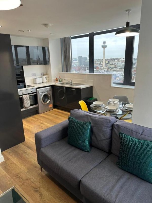Modern open-plan apartment with kitchen, washing machine, sofa and city views from large windows