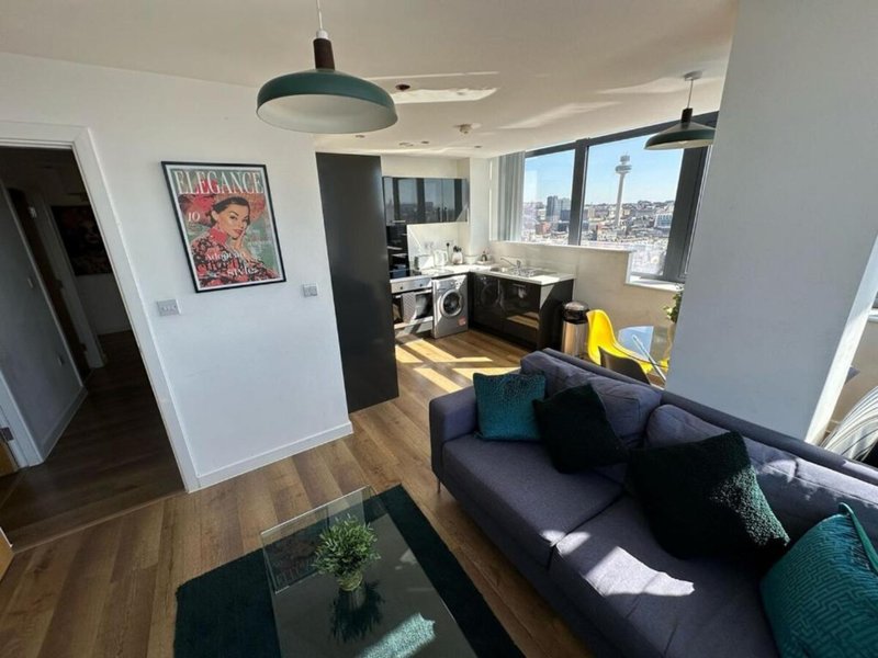 Open-plan living area with kitchen, dining space, dark sofa with cushions and city views