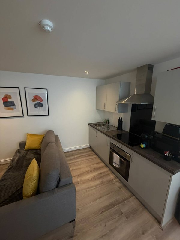 Open-plan kitchen and living area with grey sofa, yellow cushions, modern appliances and wooden flooring