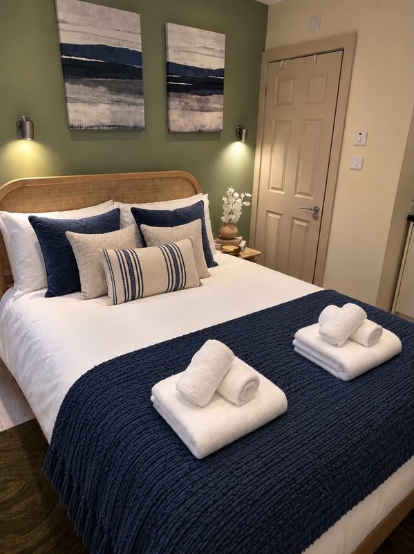 Bedroom with double bed, navy and cream bedding, rattan headboard, green walls, and folded towels