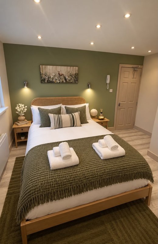 Modern bedroom with olive green walls, wooden bed frame, white bedding and green throw blanket