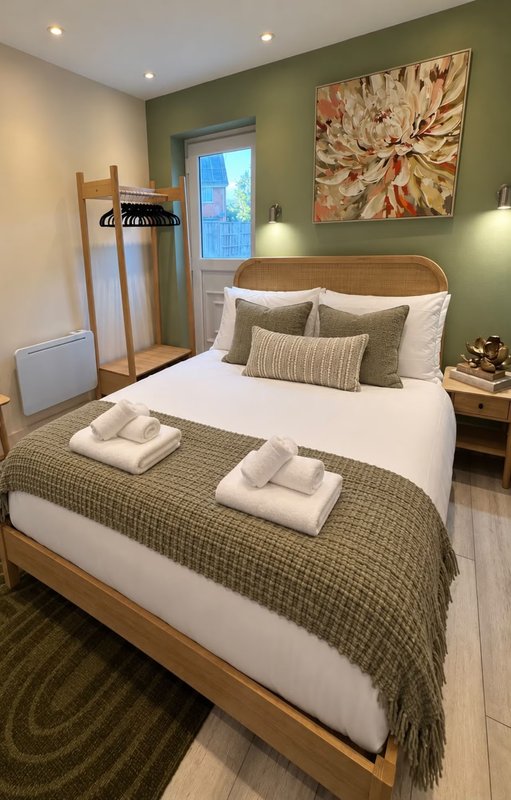Bedroom with double bed, green accent wall, framed artwork, and wooden furniture