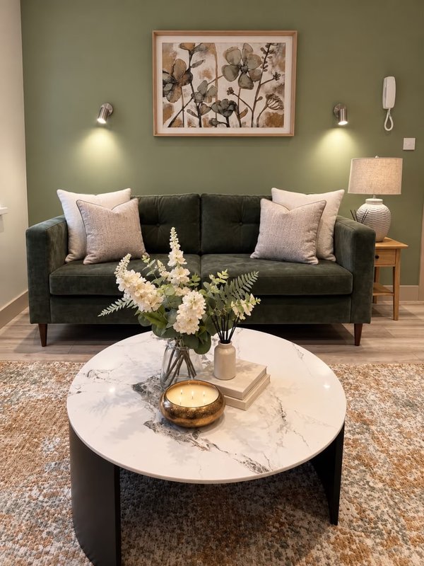 Modern living room with dark sofa, round marble coffee table, framed botanical art, and table lamp