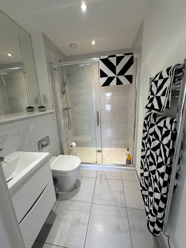 Modern bathroom with shower cubicle, toilet, sink and black and white geometric wall art