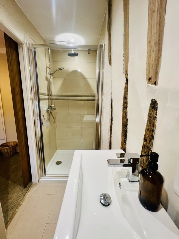 Bathroom with white vanity sink, glass shower enclosure, and bathroom accessories