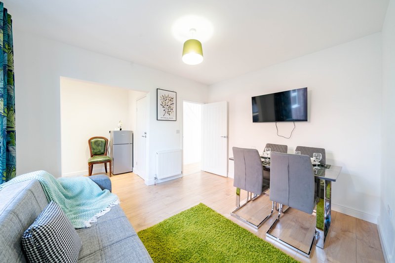 Open-plan living area with sofa, dining chairs, TV, kitchen appliances and bright natural lighting