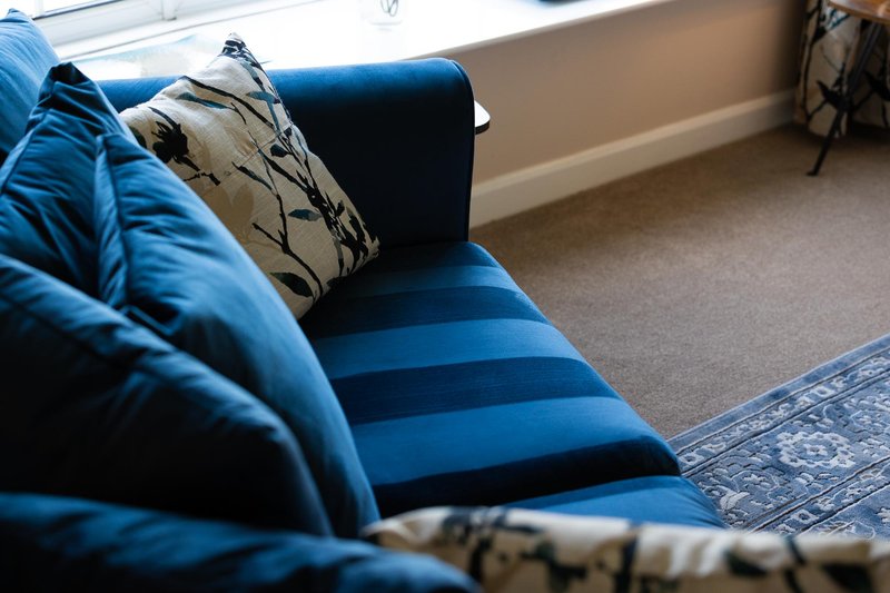 Living room with blue striped sofa, decorative cushions, and patterned rug