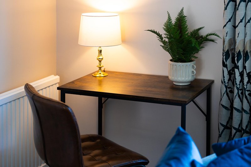 Desk with lamp, potted plant, chair, and blue cushion in corner