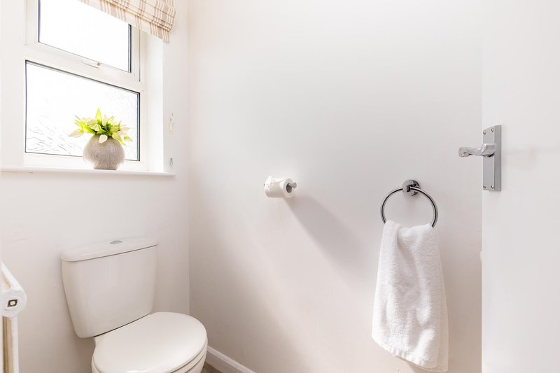 Bright bathroom with toilet, sink, towel rail and small window with flowers