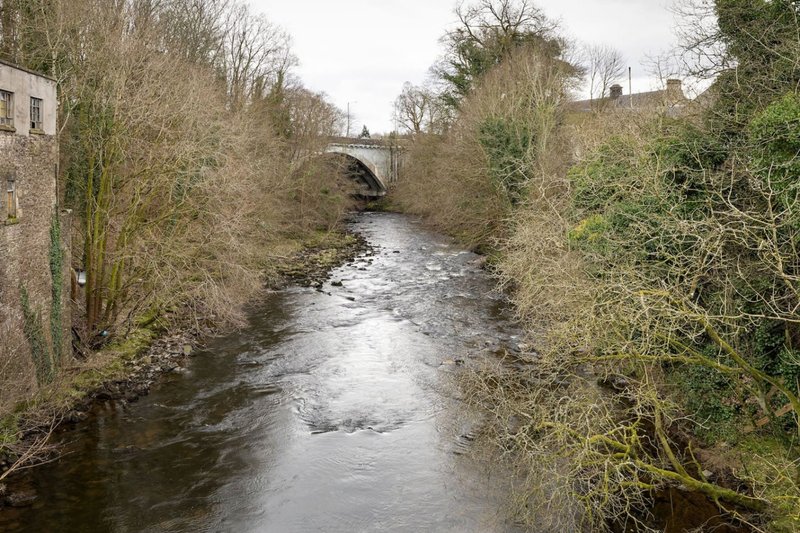 River flowing under stone bridge with bare trees and vegetation on both banks