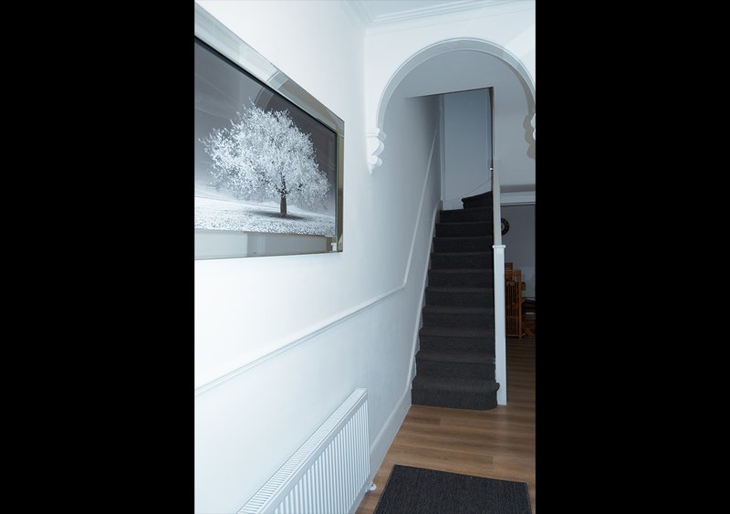 Hallway with wooden floor, white walls, framed tree artwork, and staircase to upper level