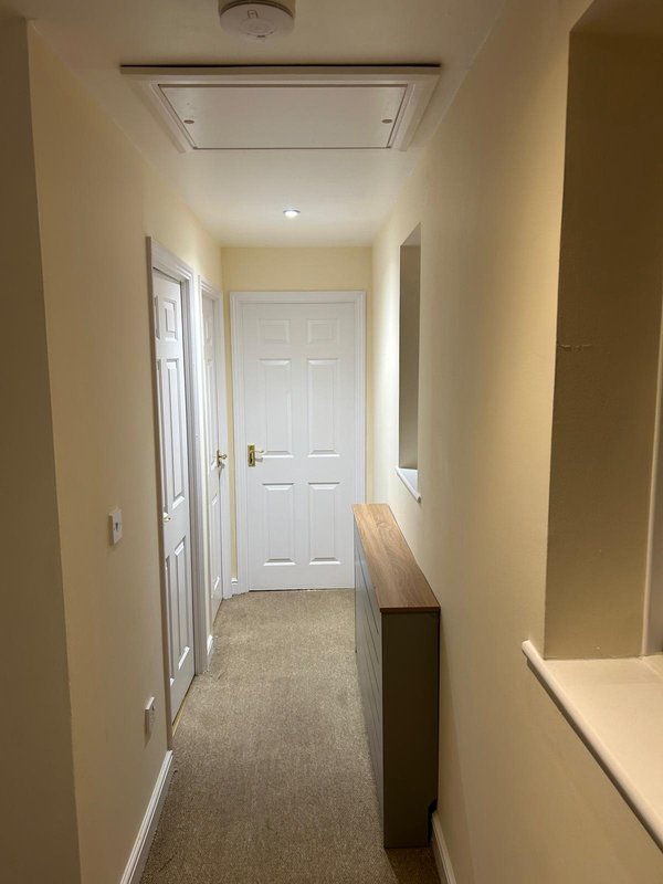 Narrow hallway with cream walls, gray carpet, white doors, and wooden shelf