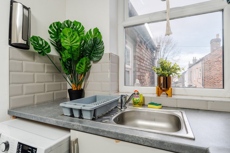 Modern kitchen sink with grey countertop, potted plant, and window overlooking brick street