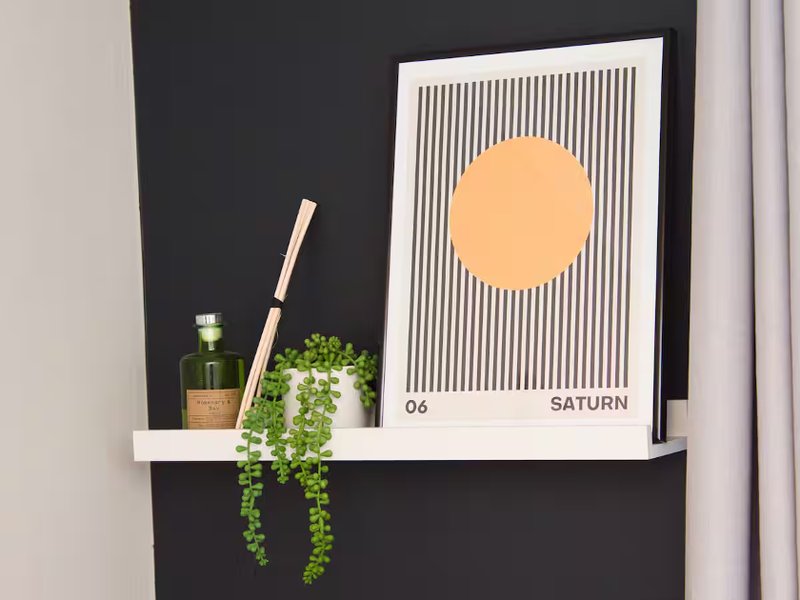 Dark wall shelf with framed abstract art print, potted plants, and decorative items