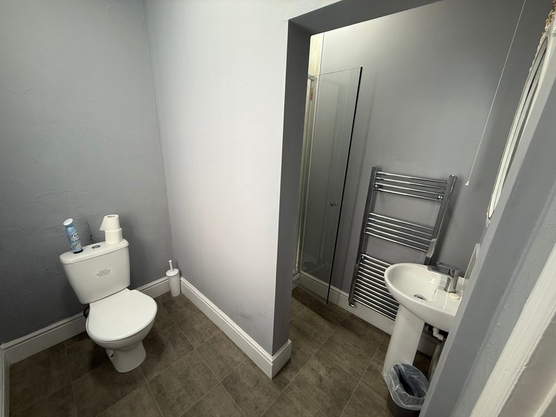 Modern bathroom with toilet, pedestal sink, heated towel rail and shower enclosure