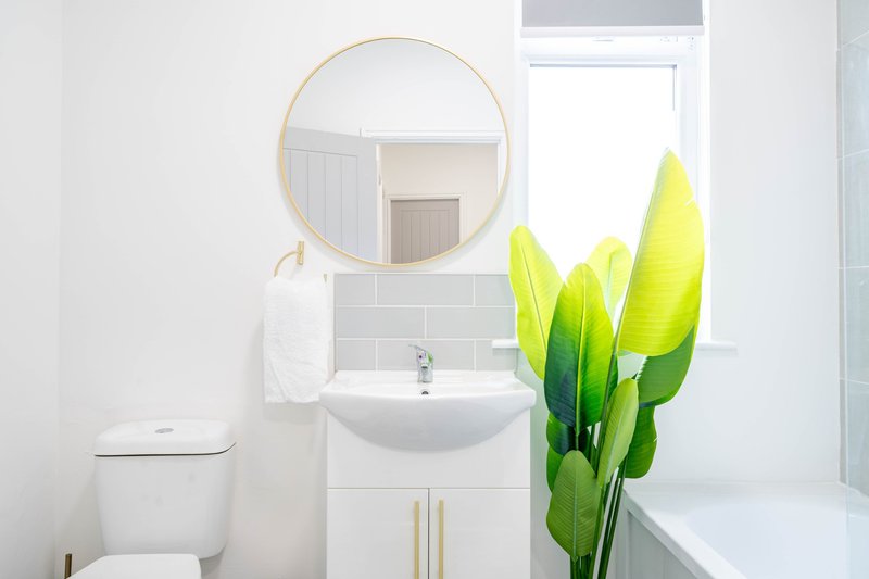 Modern bathroom with white toilet, wall-mounted sink, round mirror and potted plant