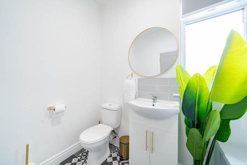 Modern bathroom with white vanity, round mirror, toilet, and green potted plant